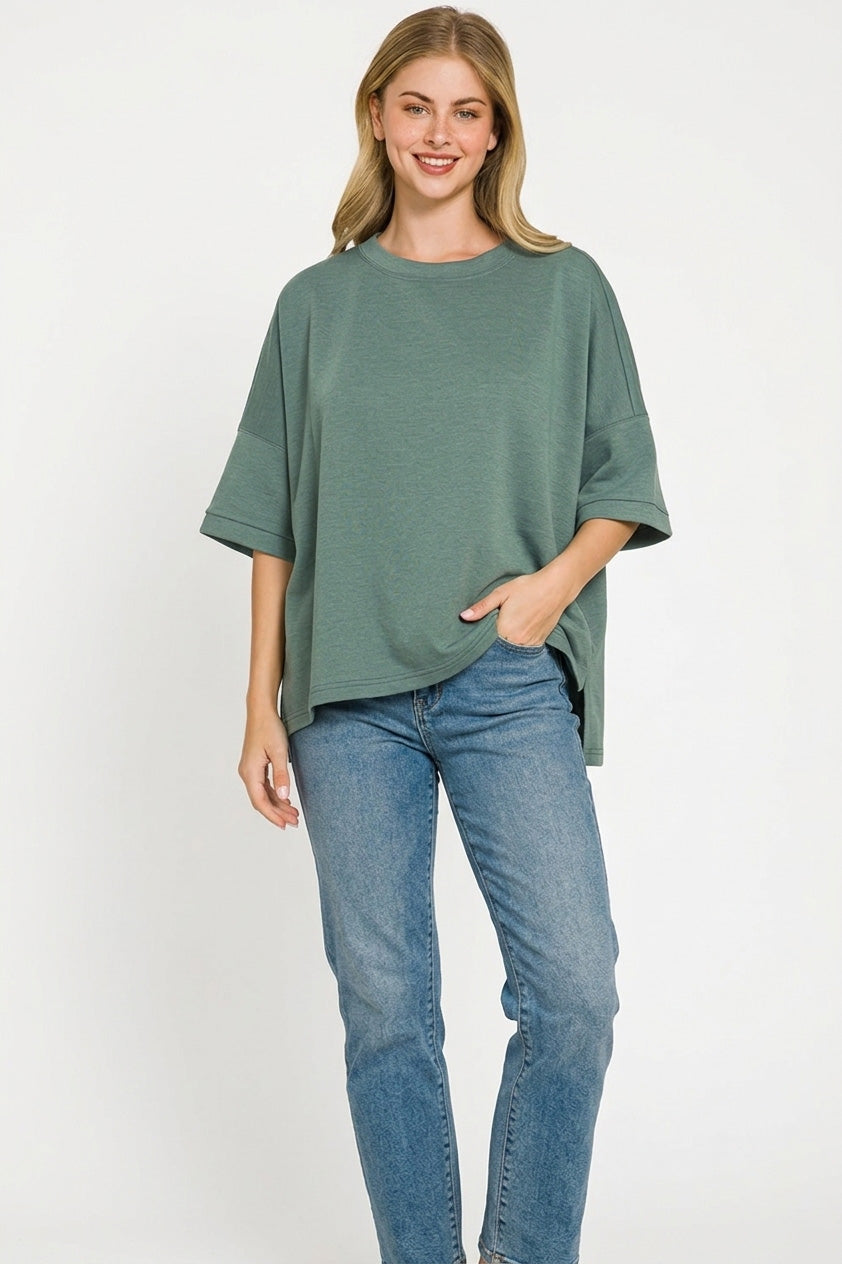Scuba Round Neck Top with Side Slits Plus Size in Jade Green for Women