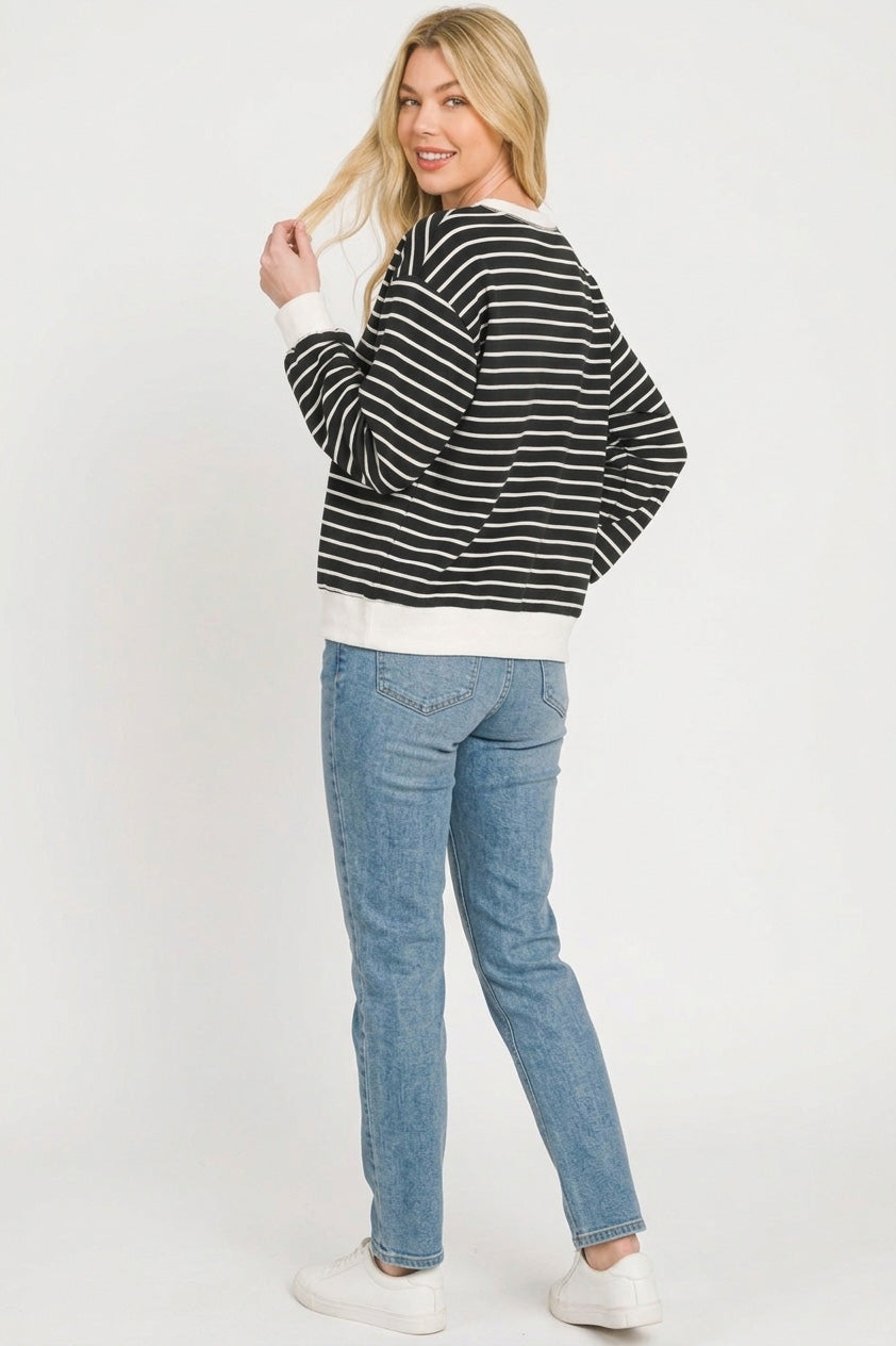 Striped Rib Banded Sweatshirt in Black for Women