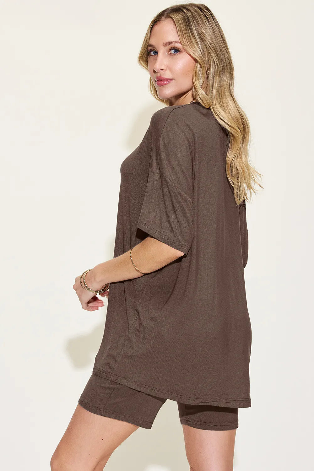 Plus Size V-Neck Drop Shoulder T-Shirt and Shorts Set in Matcha Green for Women
