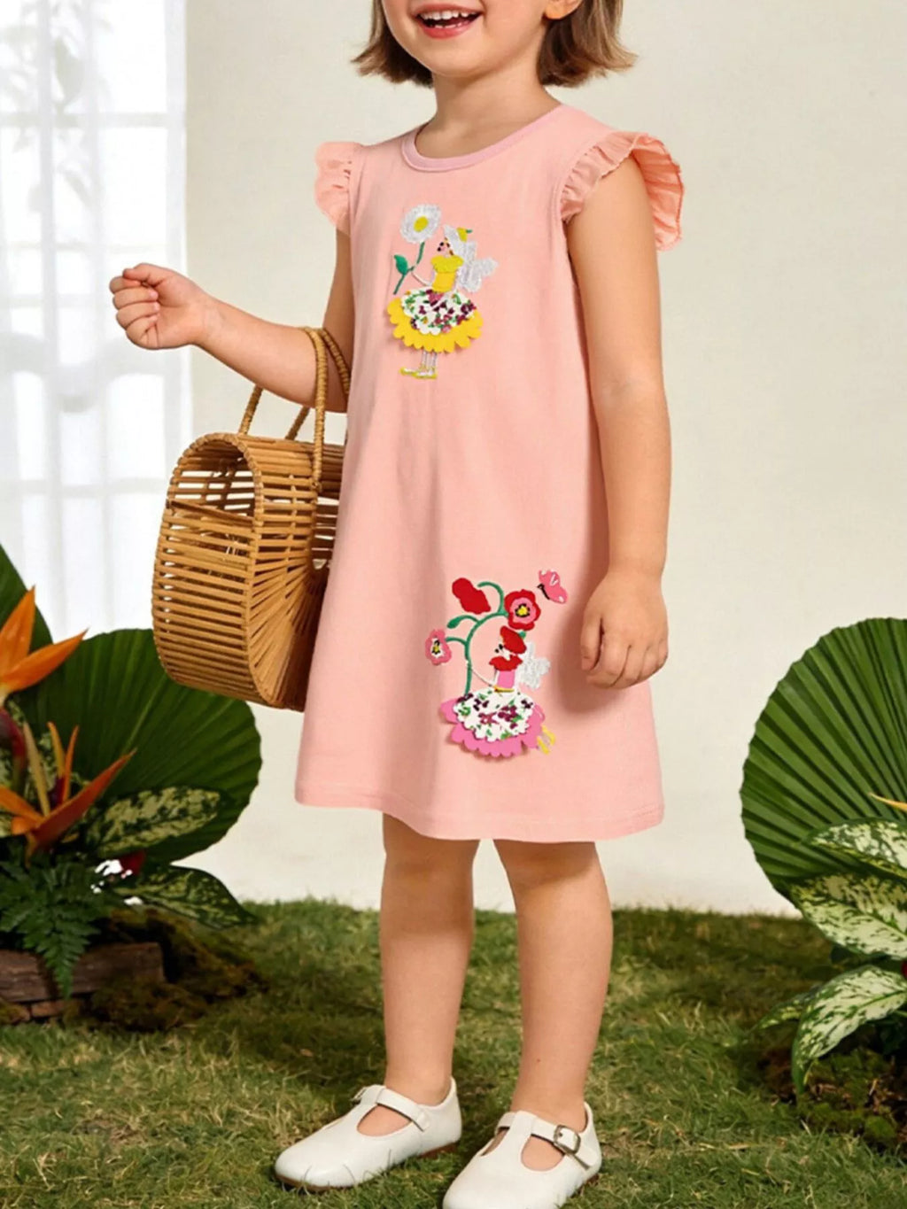 Floral Embroidered Ruffle Sleeve Casual Dress in Watermelon Pink for Girls
