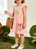 Floral Embroidered Ruffle Sleeve Casual Dress in Watermelon Pink for Girls