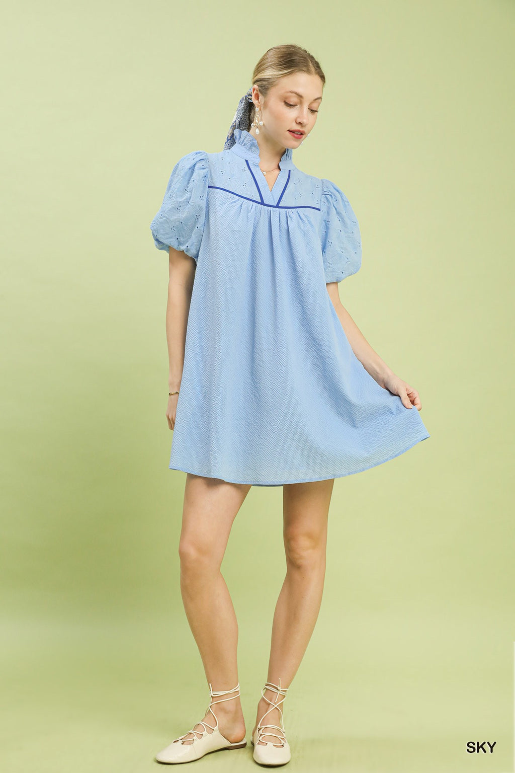 Puff Sleeve Textured Babydoll Dress in Sky for Women