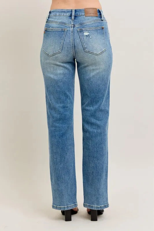 High Waist Vintage Wash Front Seam & Slit Straight Plus Size in Md for Women