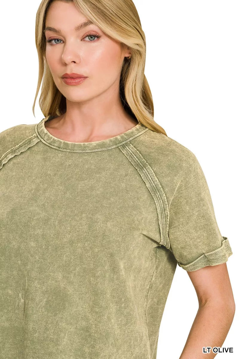 French Terry Washed Curved Hem Top in Light Olive for Women