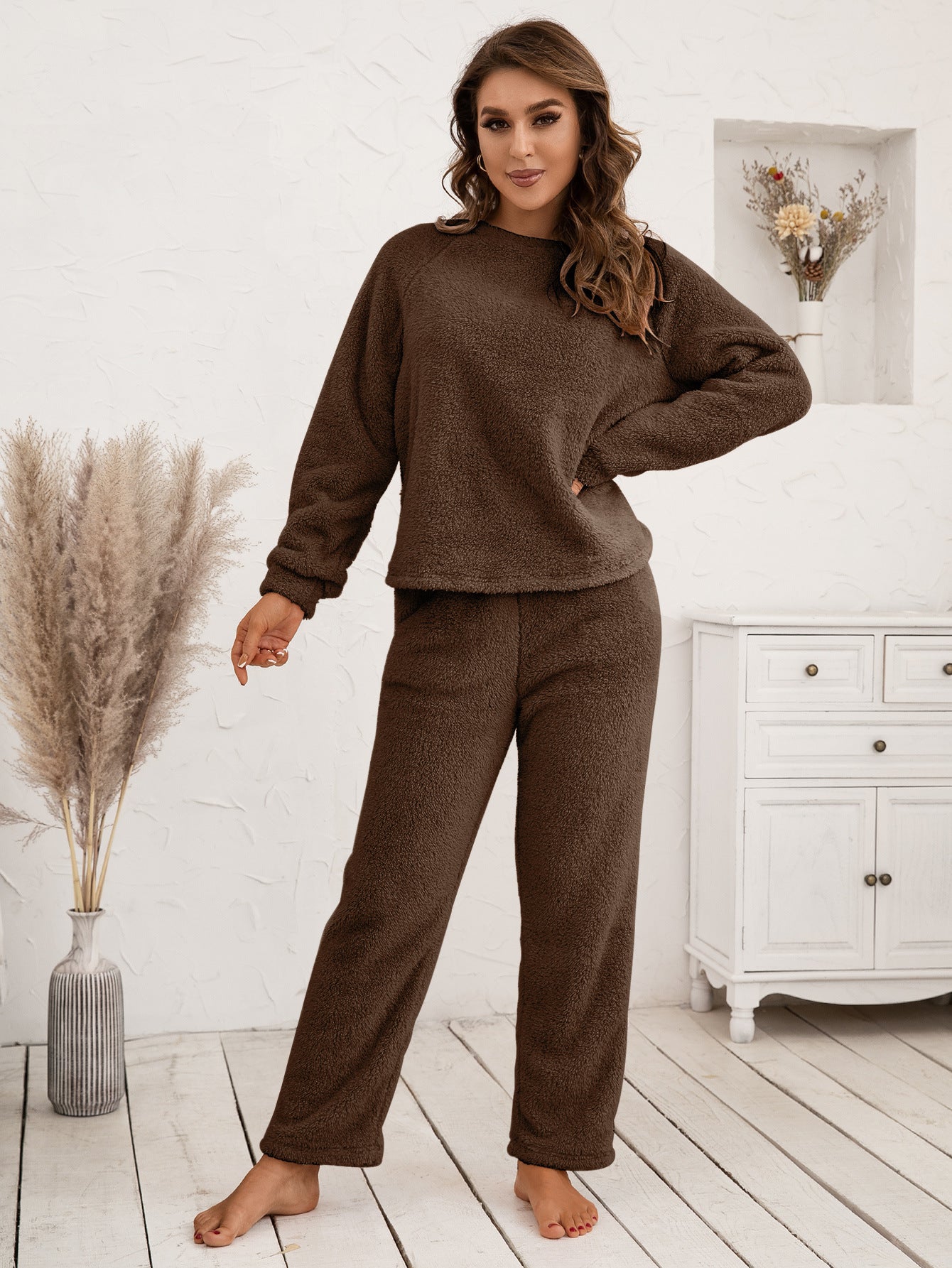 Ivy Lane Teddy Long Sleeve Top and Pants Lounge Set in Light Blue for Women