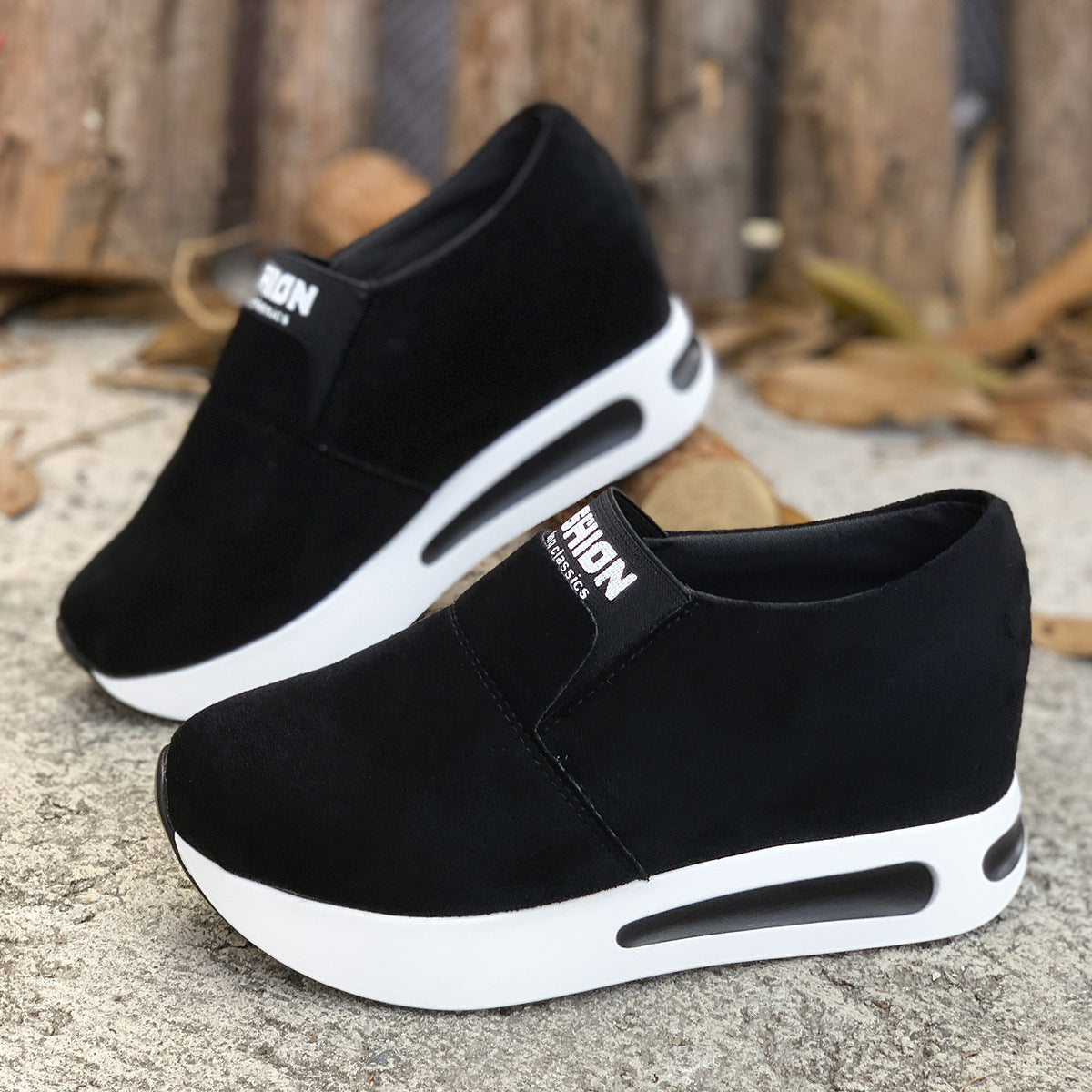 Round Toe Platform Slip-Ons in Black for Women