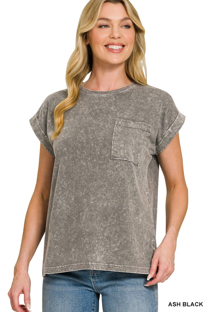 Halo Snow Washed Cuffed Short Sleeve Tee in Black for Women