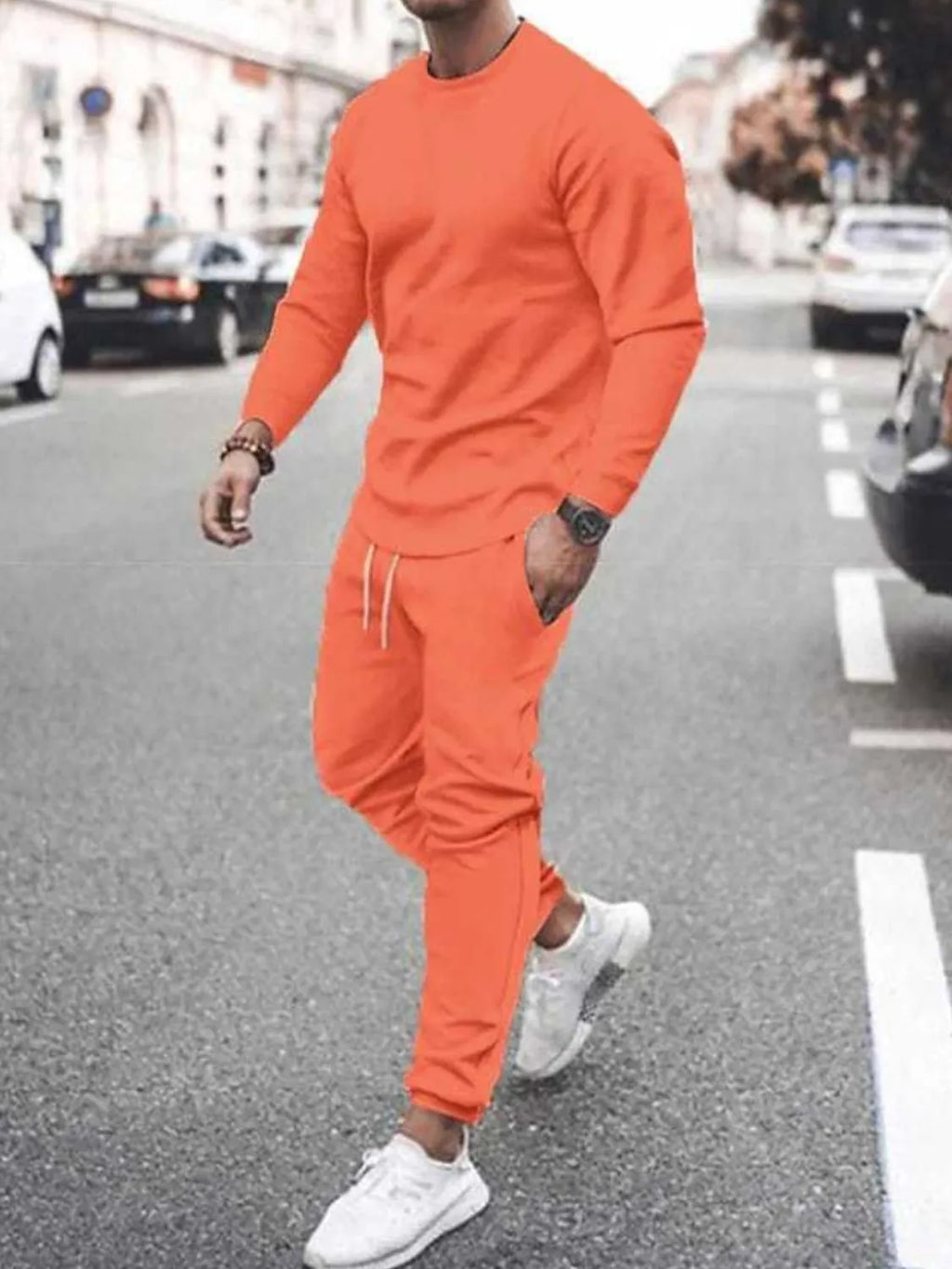 Round Neck Long Sleeve Top and Pants Set Plus Size in White in Black for Men