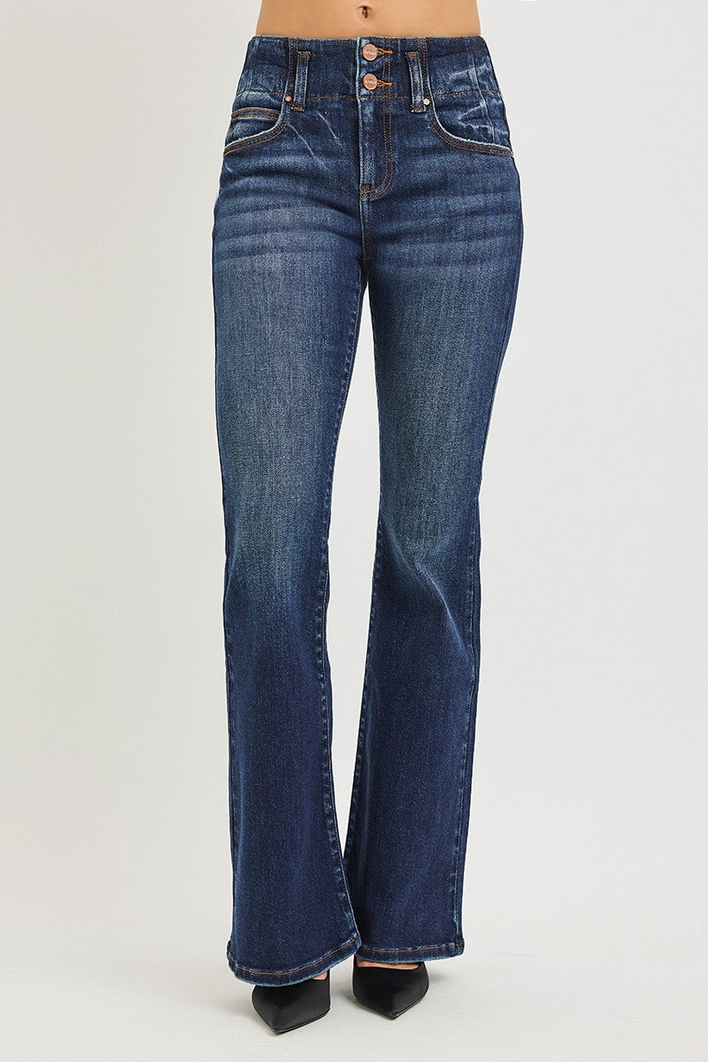 High Rise Flare Jeans with Seam Detail Waistband in Dark for Women