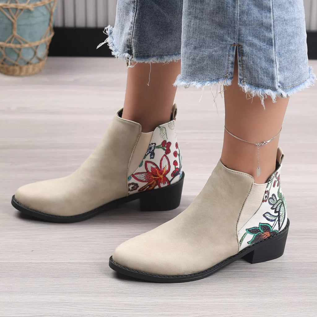 Point Toe Block Heels Ankle Boots in Green Pattern for Women