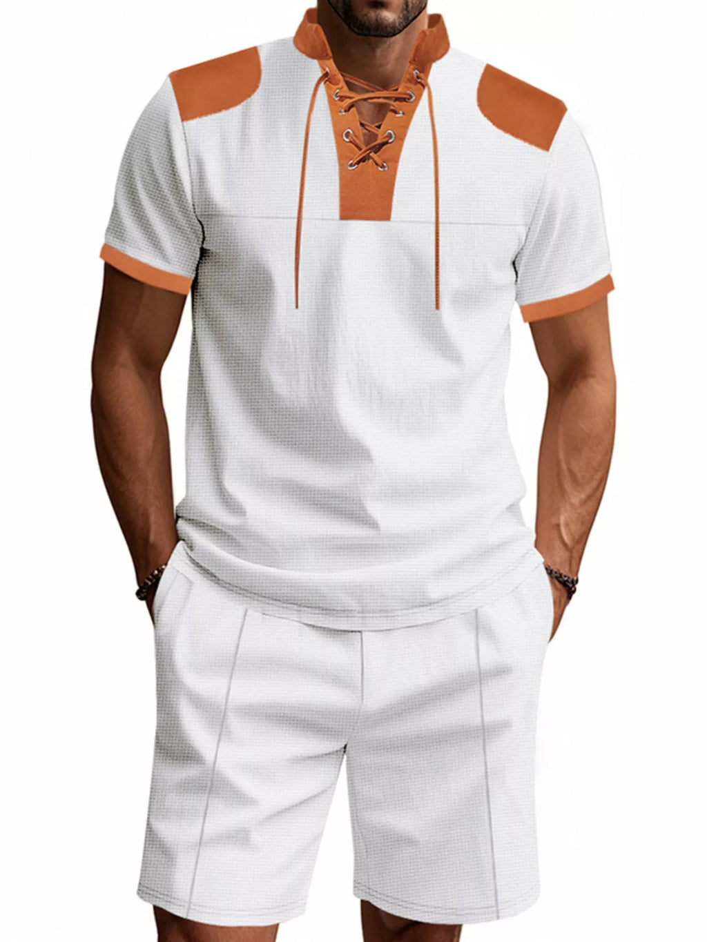 Lace-Up Collar Casual Top and Shorts Set Plus Size in Sapphire Blue for Men