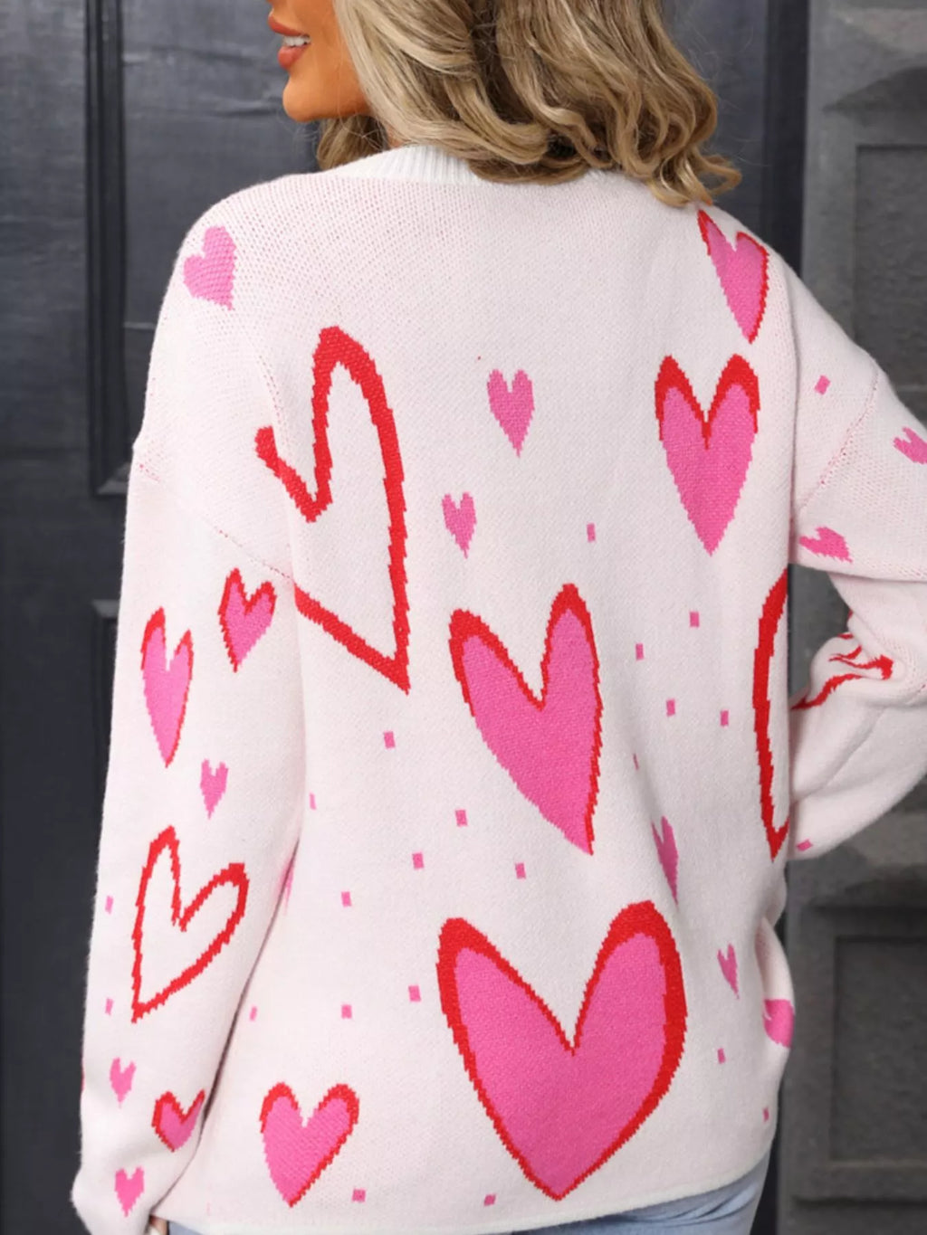 Valentines Day Heart Crew Neck Sweater in Rose Red for Women