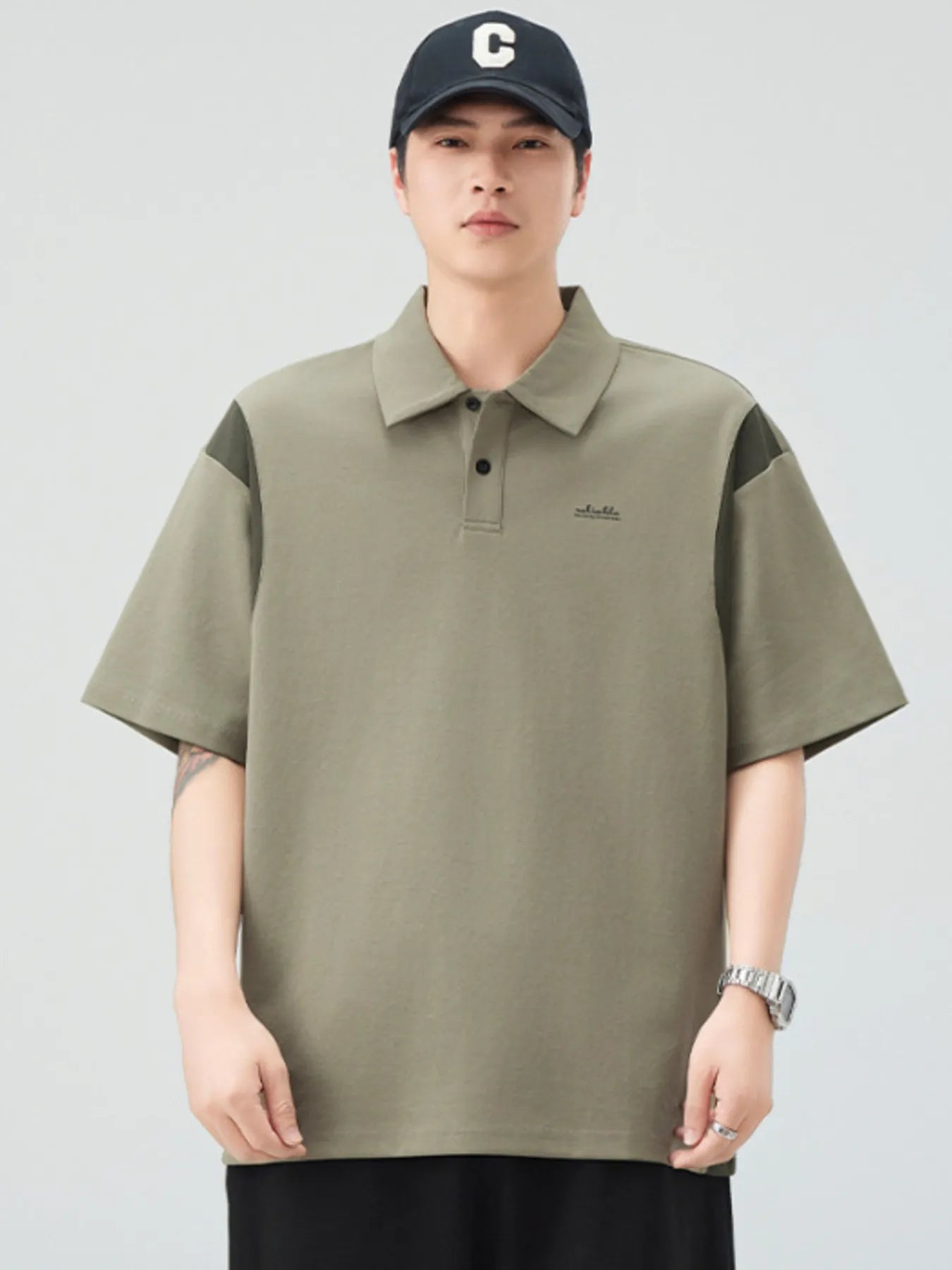 Plus Size Button Detail Short Sleeve Polo in Khaki Green in Purple for Men