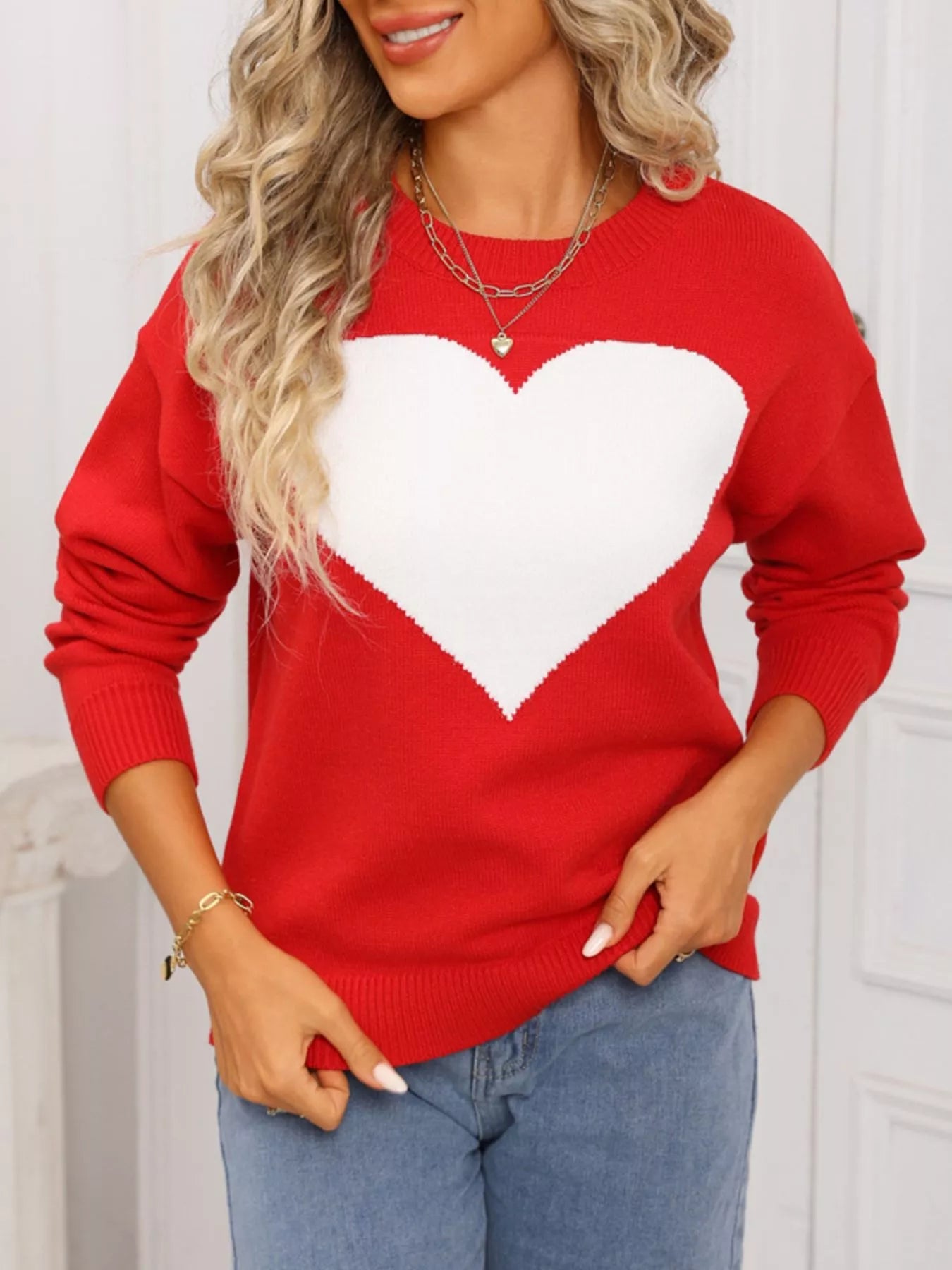 Valentines Day Heart Round Neck Dropped Shoulder Sweater in White in Red for Women