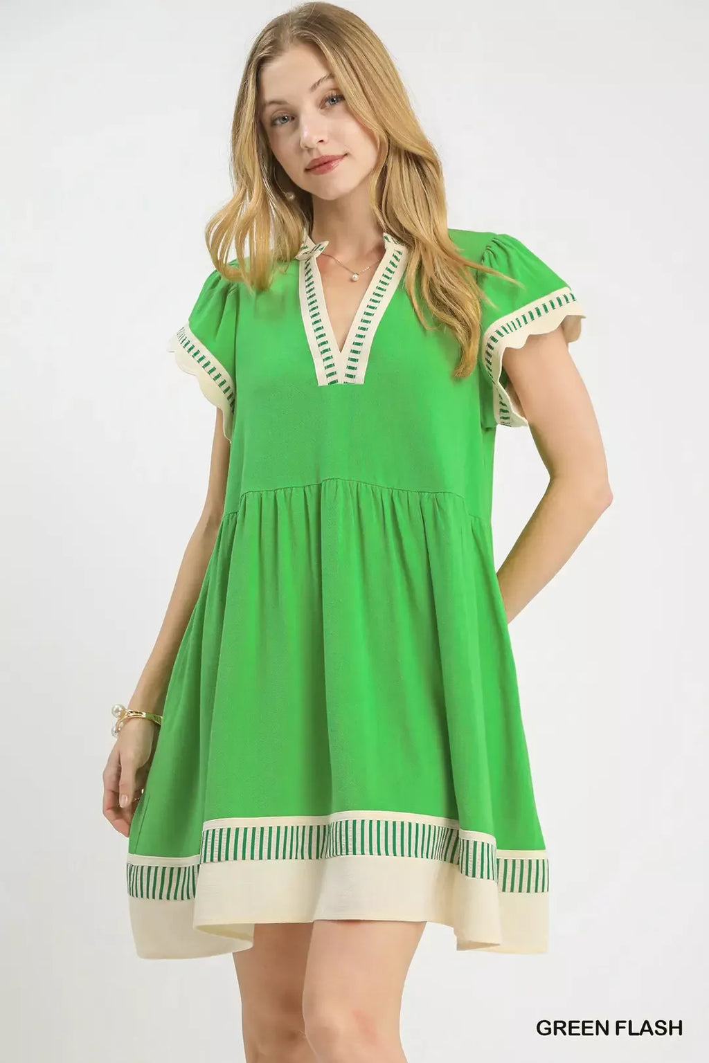 Linen Color Block Flutter Sleeve Dress in Green Flash for Women