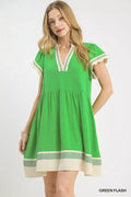 Linen Color Block Flutter Sleeve Dress in Green Flash for Women