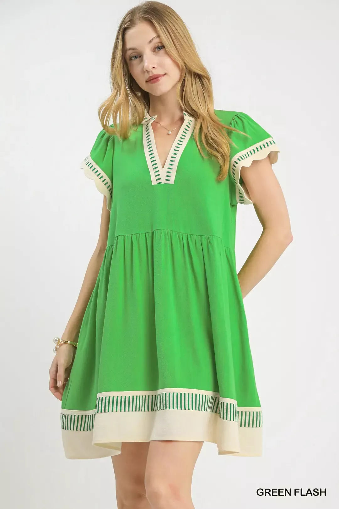 Linen Color Block Flutter Sleeve Dress in Green Flash for Women