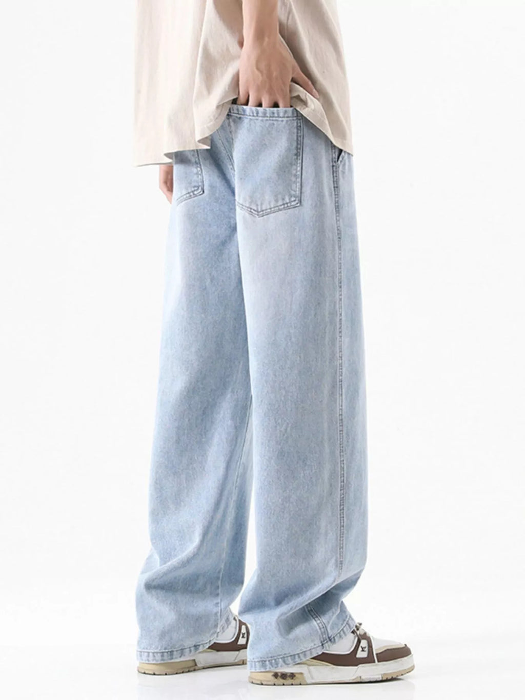 Drawstring Wash Wide Leg Jeans Plus Size in Vintage Blue for Men