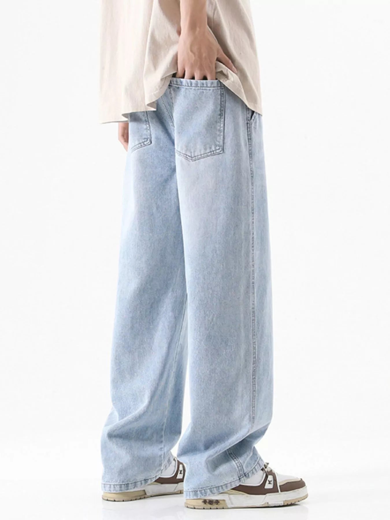 Drawstring Wash Wide Leg Jeans Plus Size in Vintage Blue for Men