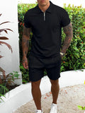 Collared Neck Short Sleeve Top and Shorts Set Plus Size in Black for Men