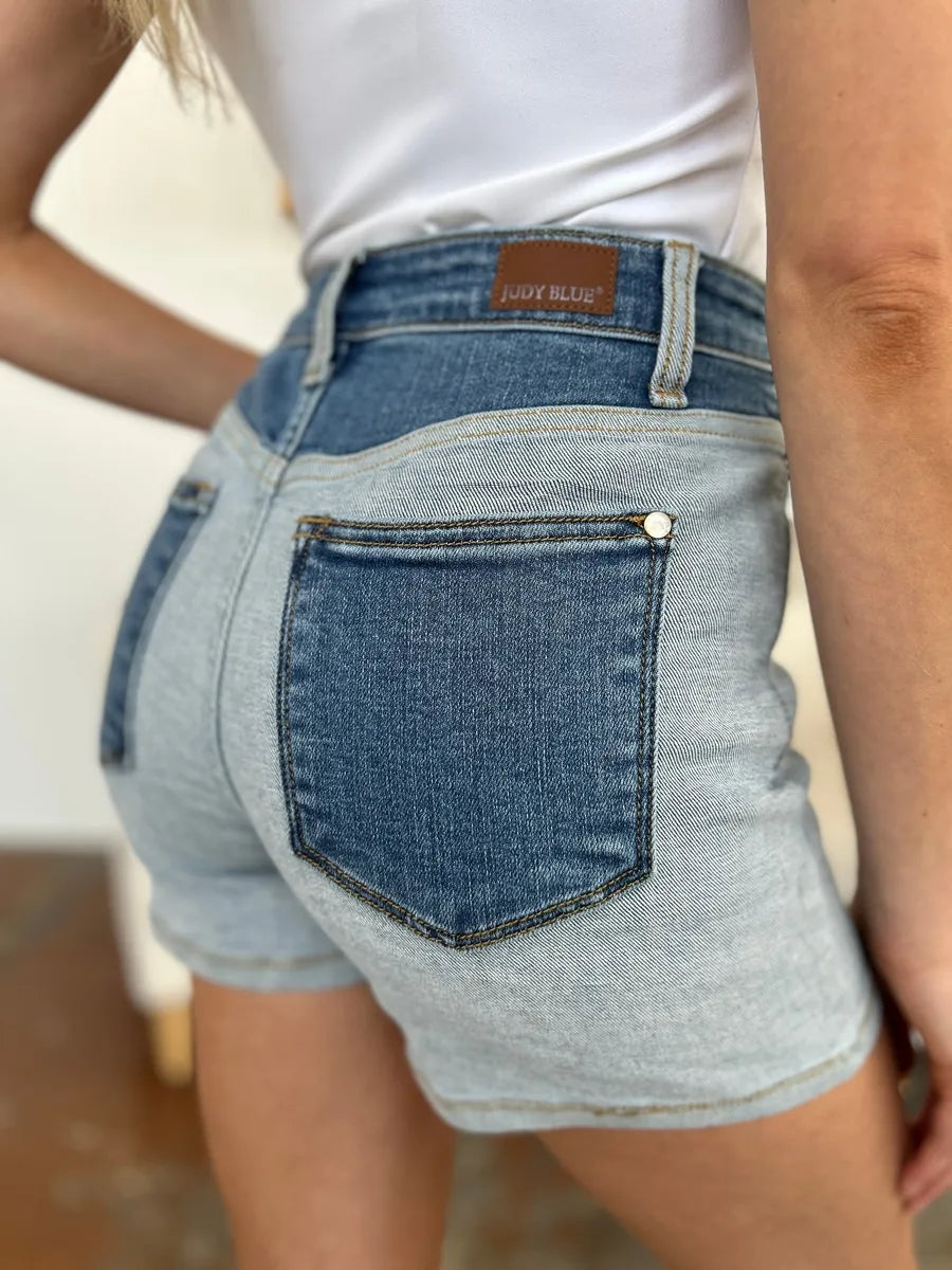 Plus Size Color Block Denim Shorts in Light Md for Women