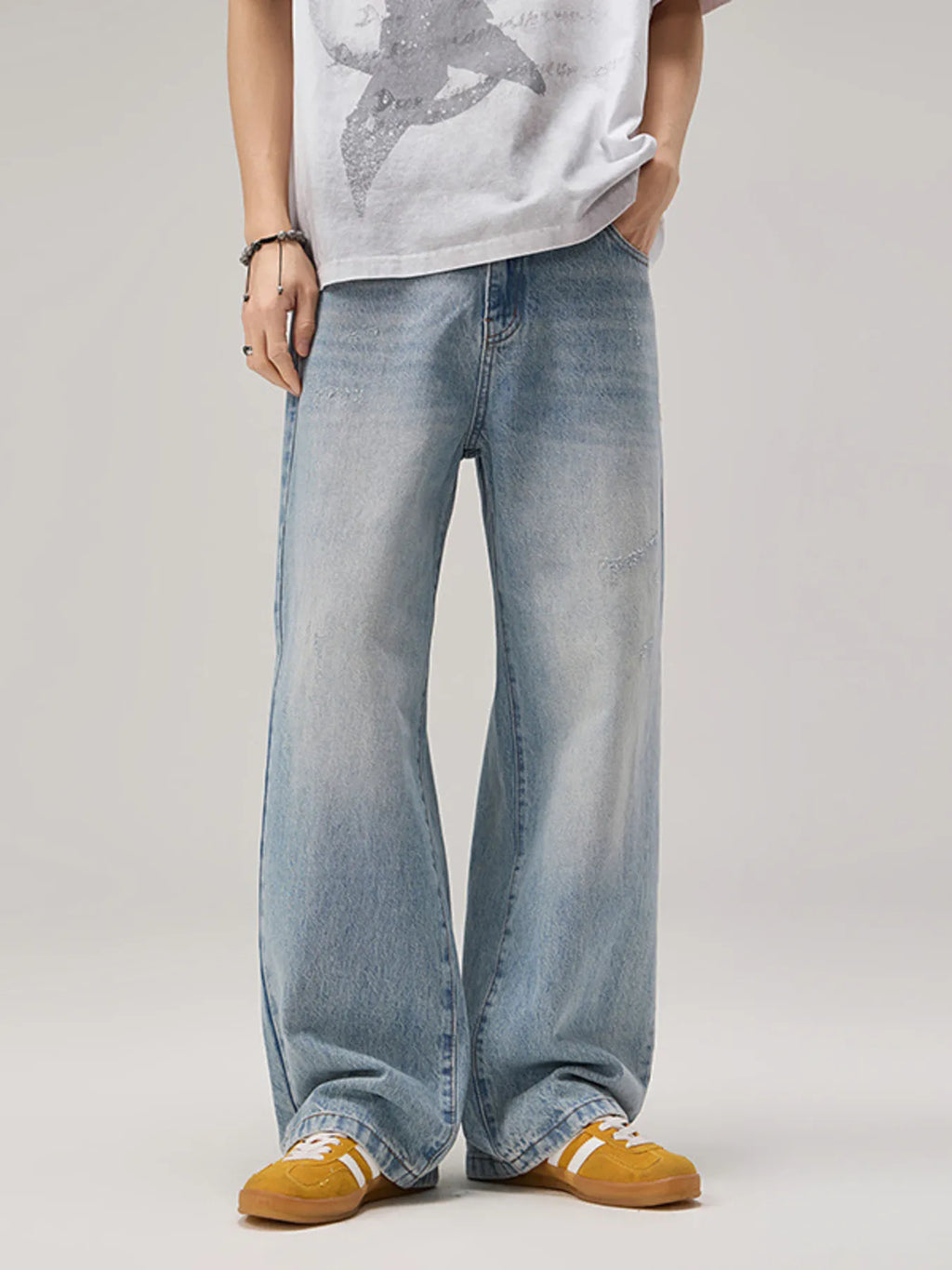 Wide Leg Wash Jeans in Light Blue for Men