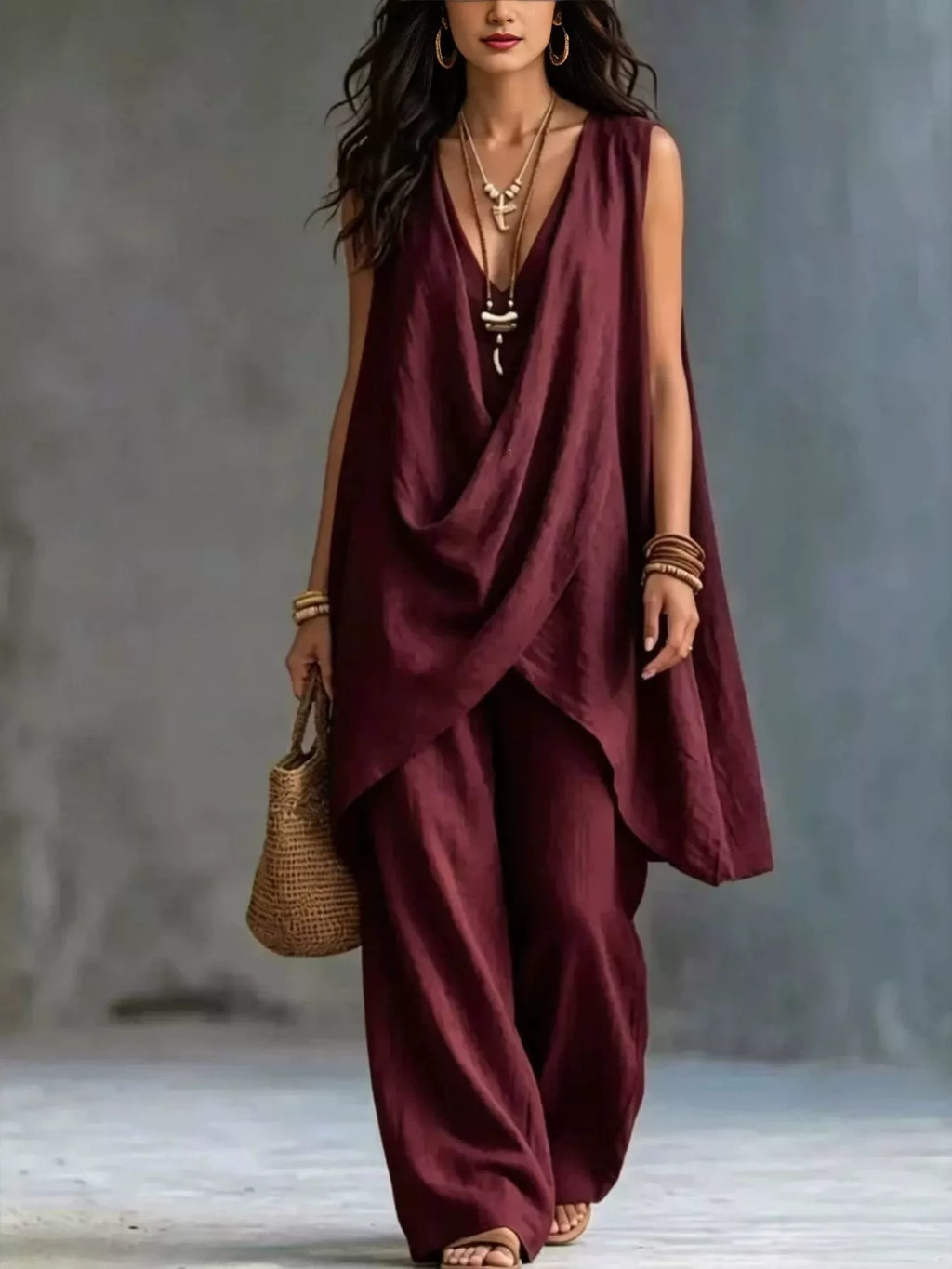 Sleeveless Asymmetrical Top and Wide Leg Pants Set in White for Women