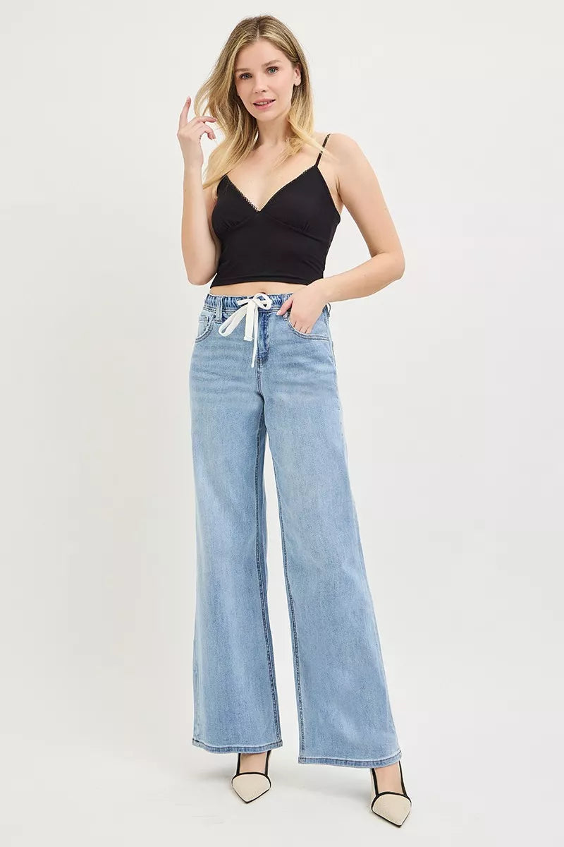 Elastic Band Slouchy Wide Jeans with Drawstring in Light for Women