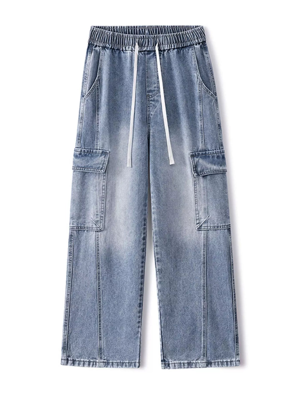 Plus Size Wash Wide Leg Cargo Jeans in Vintage Blue for Men