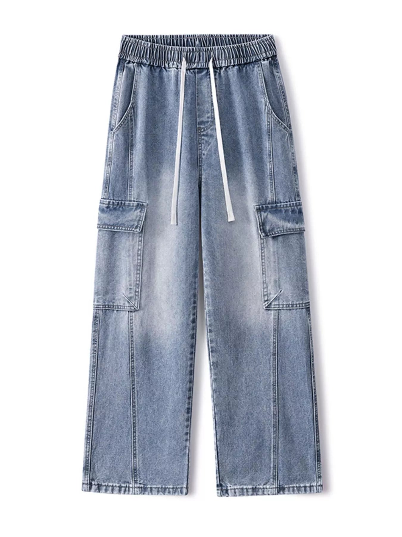 Plus Size Wash Wide Leg Cargo Jeans in Vintage Blue for Men