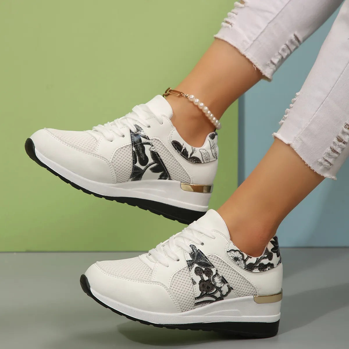 Floral Mesh Wedge Athletic in Green for Women