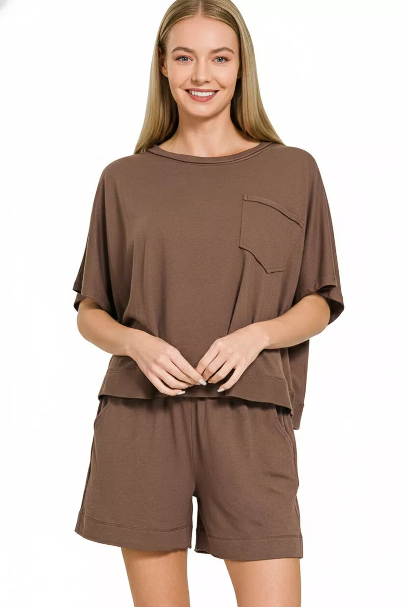 Exposed Seam Boxy Top & Shorts Set in Brown for Women