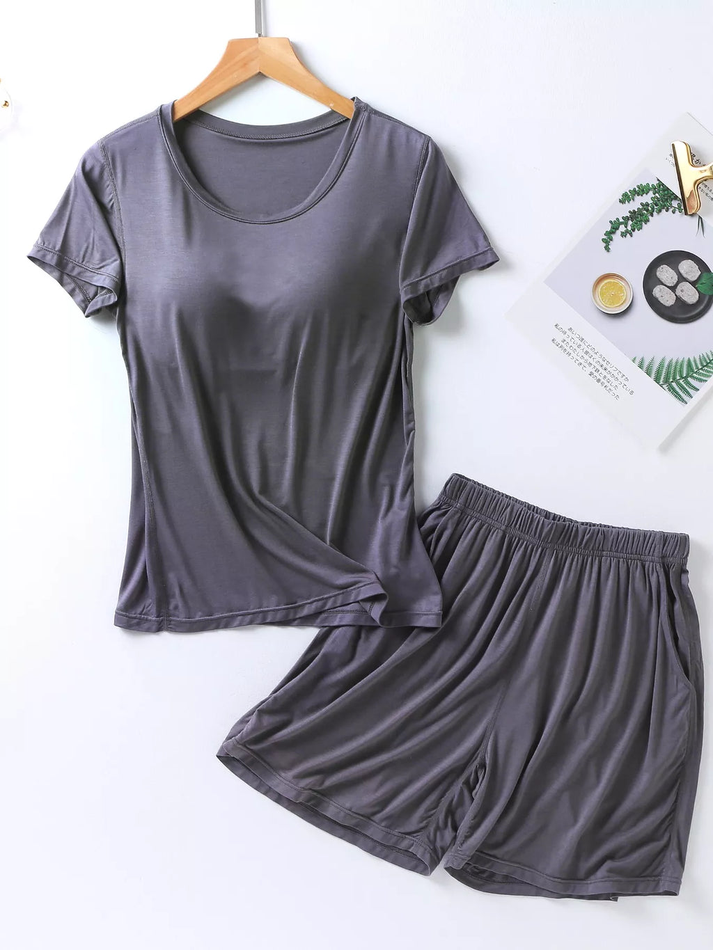 Plus Size Padded Round Neck Modal T-Shirt and Shorts Set in Advanced Gray for Women