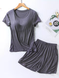 Plus Size Padded Round Neck Modal T-Shirt and Shorts Set in Advanced Gray for Women