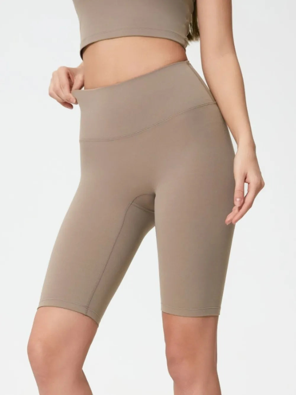 High Rise Wide Waistband Active Shorts in Dark Brown in Dusty Blue for Women