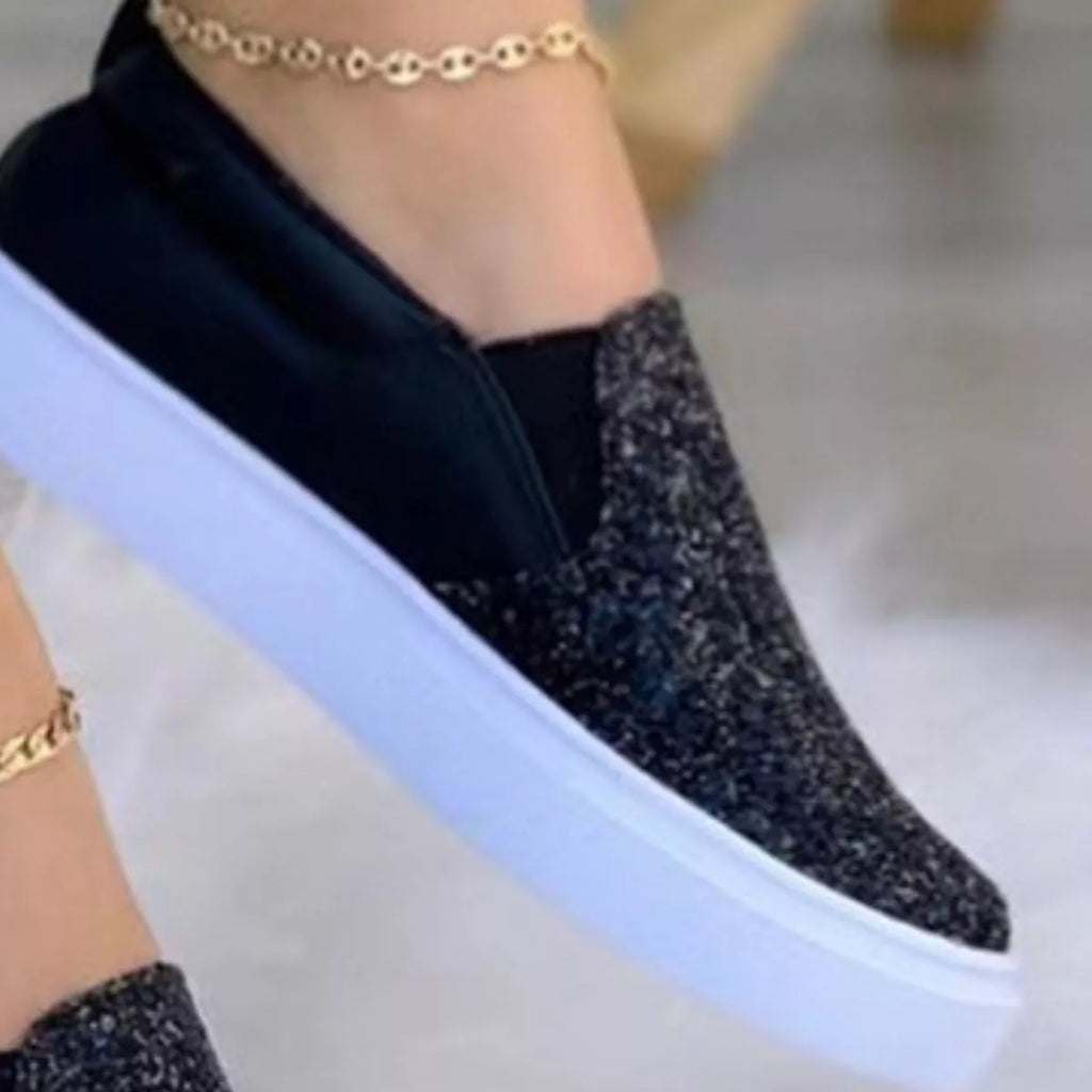 Sequin Round Toe Platform Slip-Ons in Black for Women