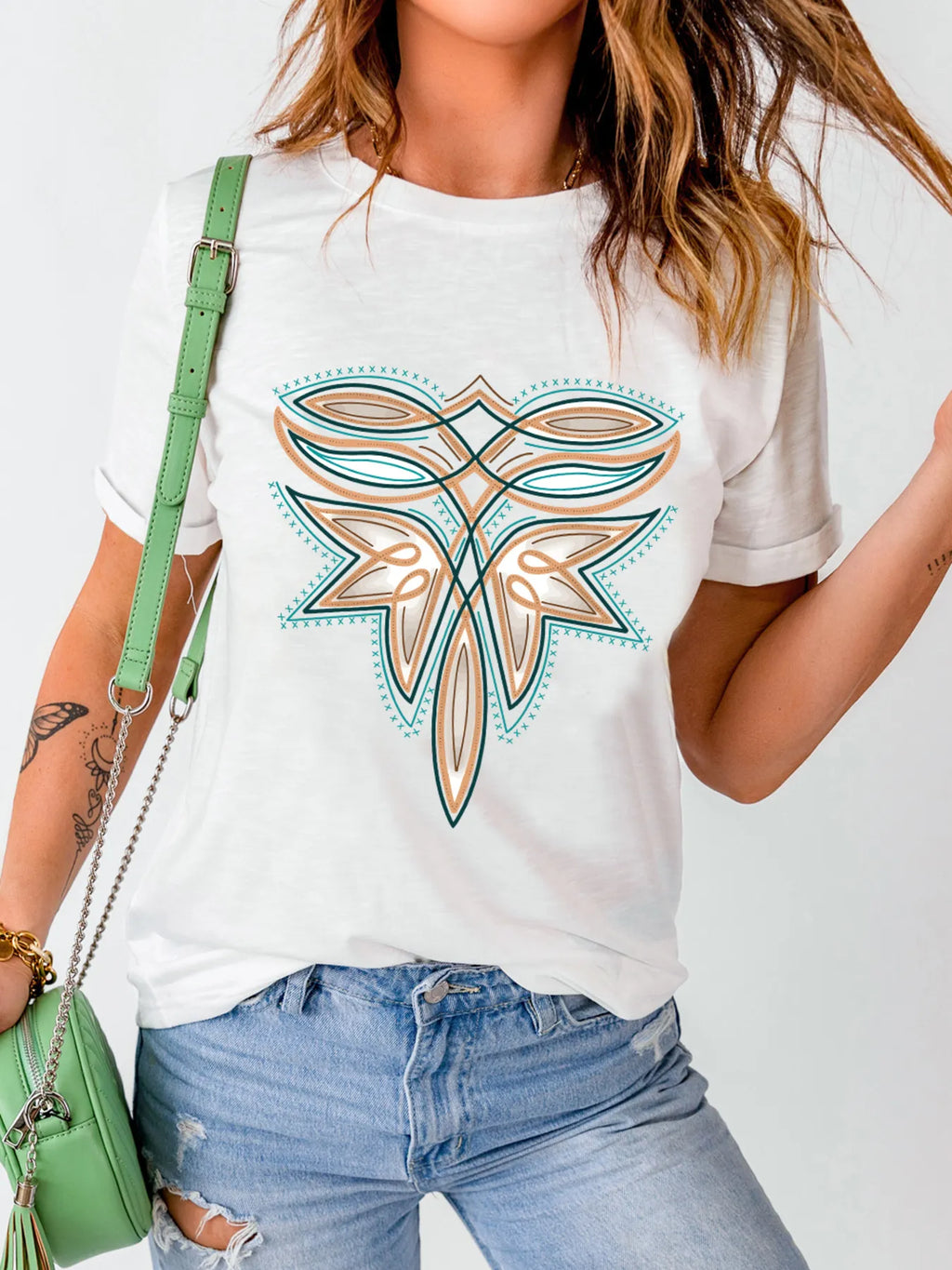 Graphic Round Neck Short Sleeve T-Shirt in White for Women