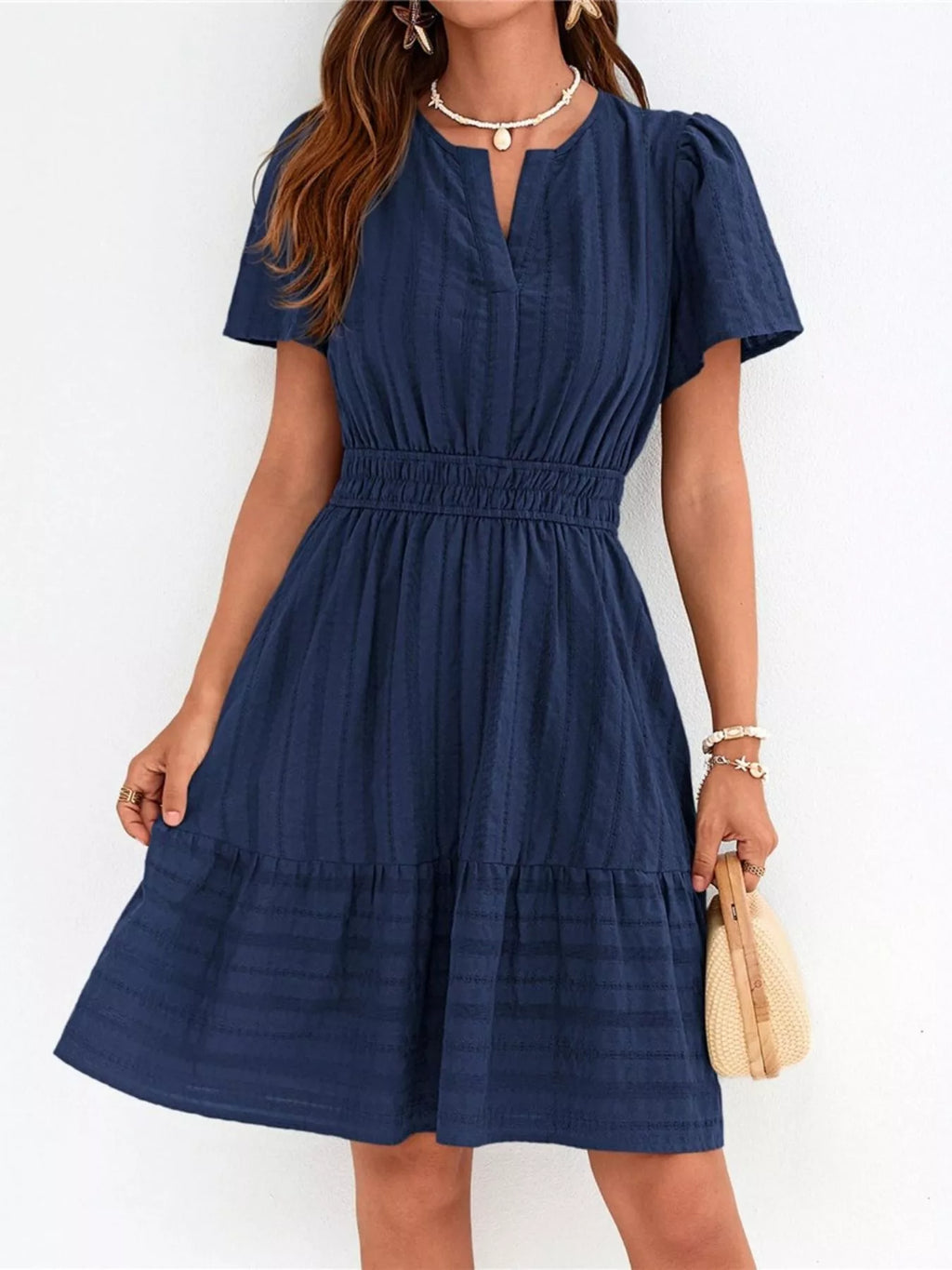 Short Sleeve Smocked Waist Tiered Dress in Navy for Women