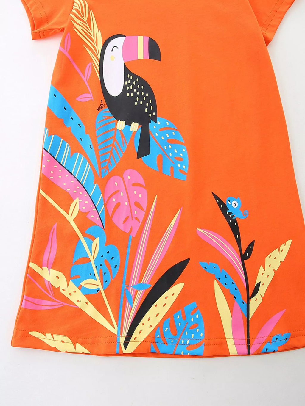Toucan Print Casual Dress in Orange for Girls