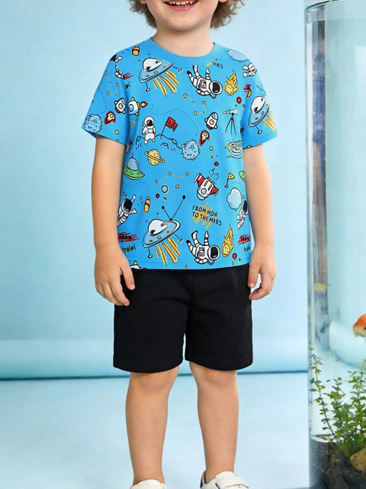 Astronaut Print Tee & Shorts Set in Sky Blue for Boys