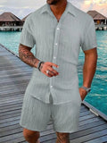 Button Down Short Sleeve Shirt and Shorts Set Plus Size in Gray for Men
