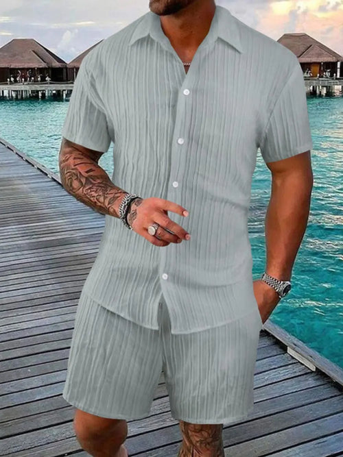 Button Down Short Sleeve Shirt and Shorts Set Plus Size in Gray for Men
