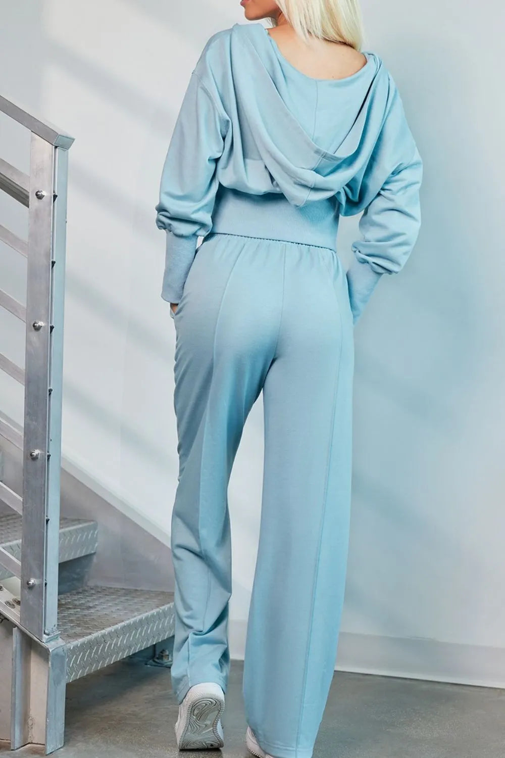 Zip-Up Hoodie and Pants Active Set in Light Blue for Women