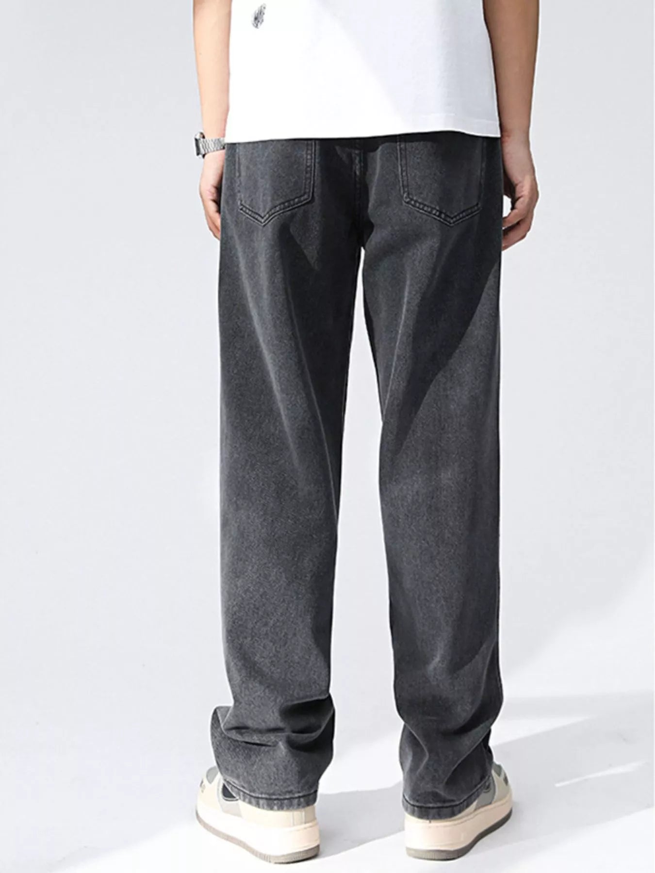 Wash Relaxed Fit Wide Leg Jeans in Black and Gray for Men