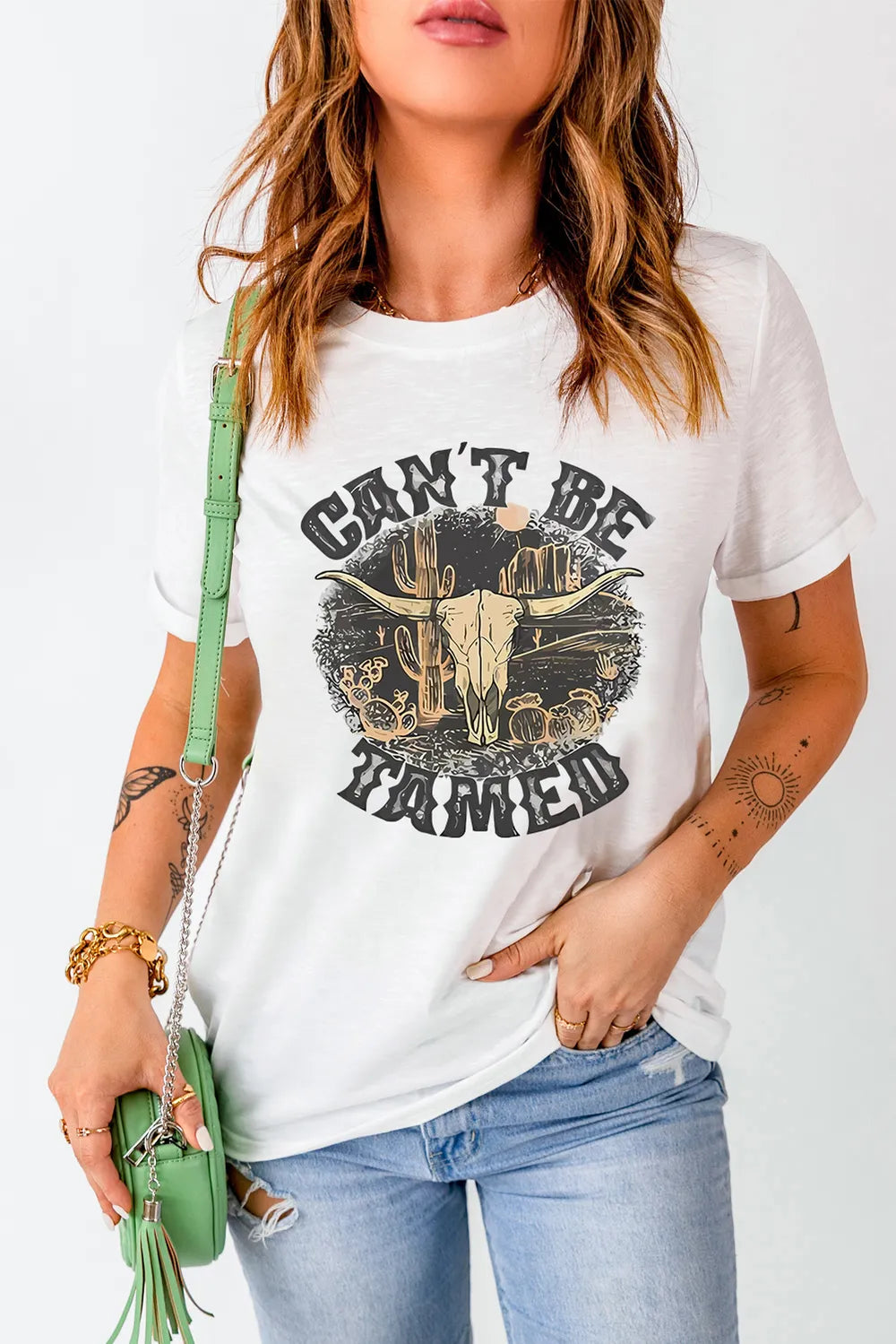 Graphic Round Neck Short Sleeve T-Shirt in Classic in White for Women