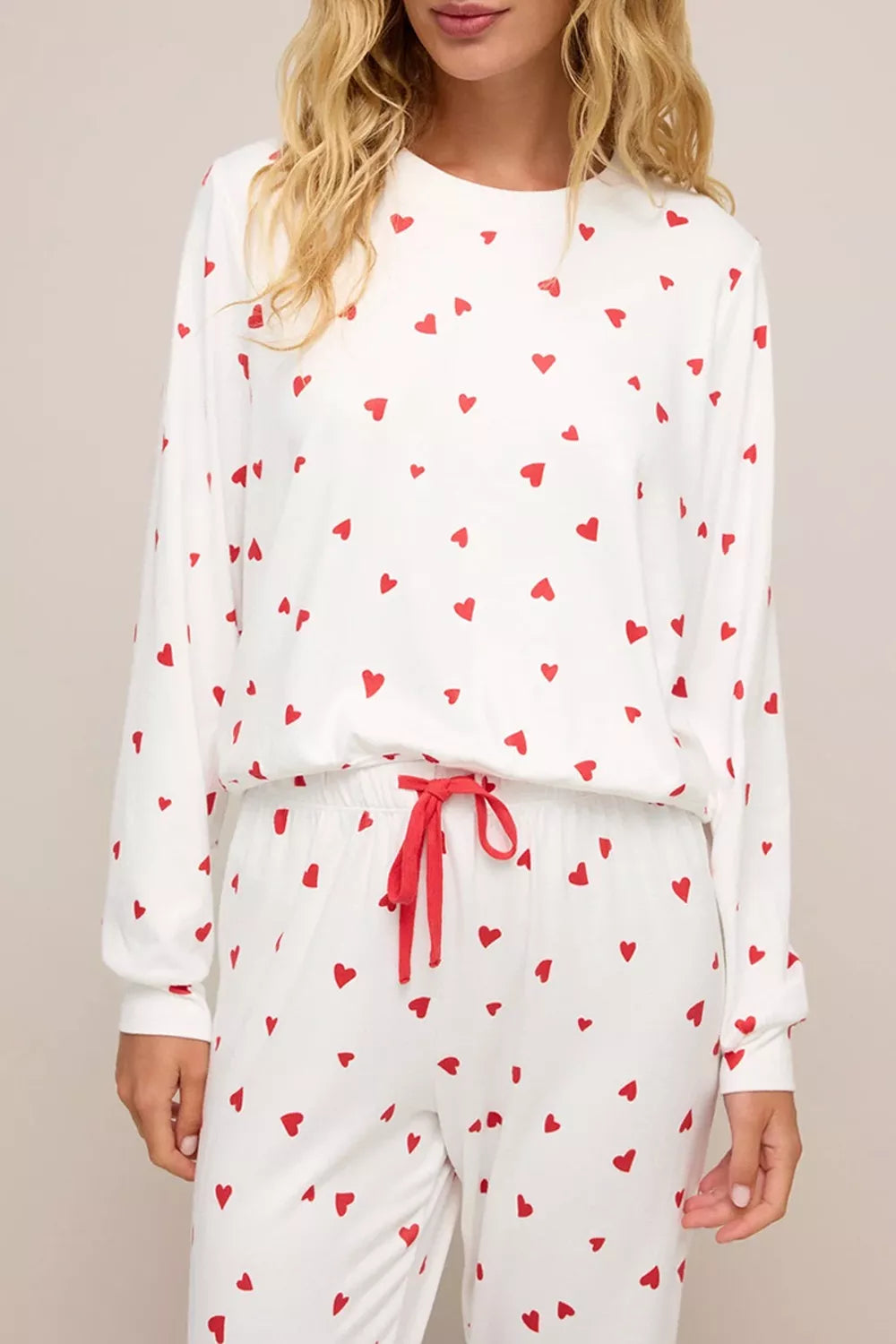 Hearts Printed Long Sleeve Top Drawstring Pants Lounge Set in White for Women