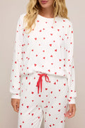 Hearts Printed Long Sleeve Top Drawstring Pants Lounge Set in White for Women