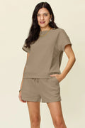 Plus Size Texture Short Sleeve T-Shirt and Drawstring Shorts Set in Mocha for Women