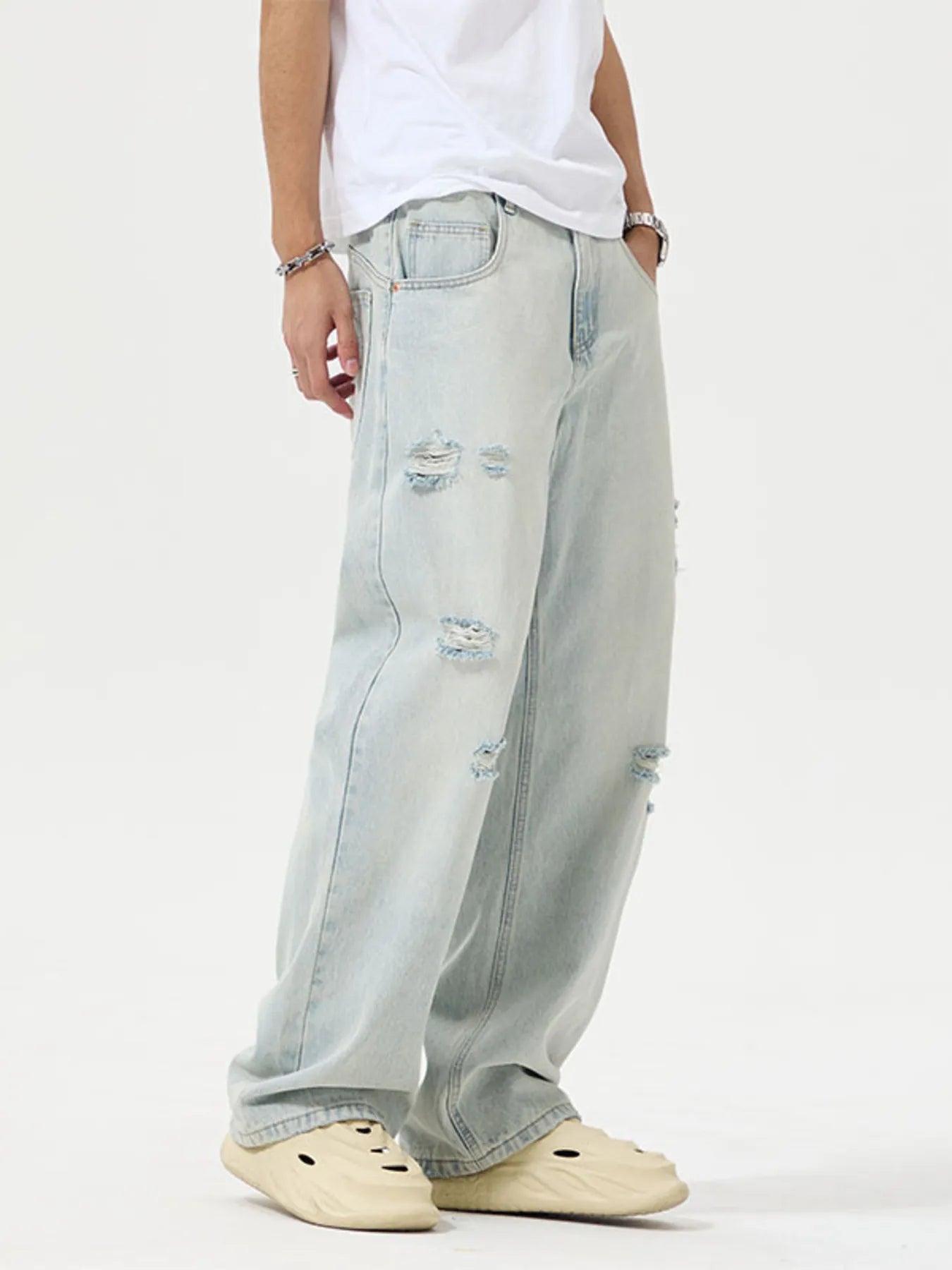 Distressed Wide Leg Jeans Plus Size in Light Blue for Men