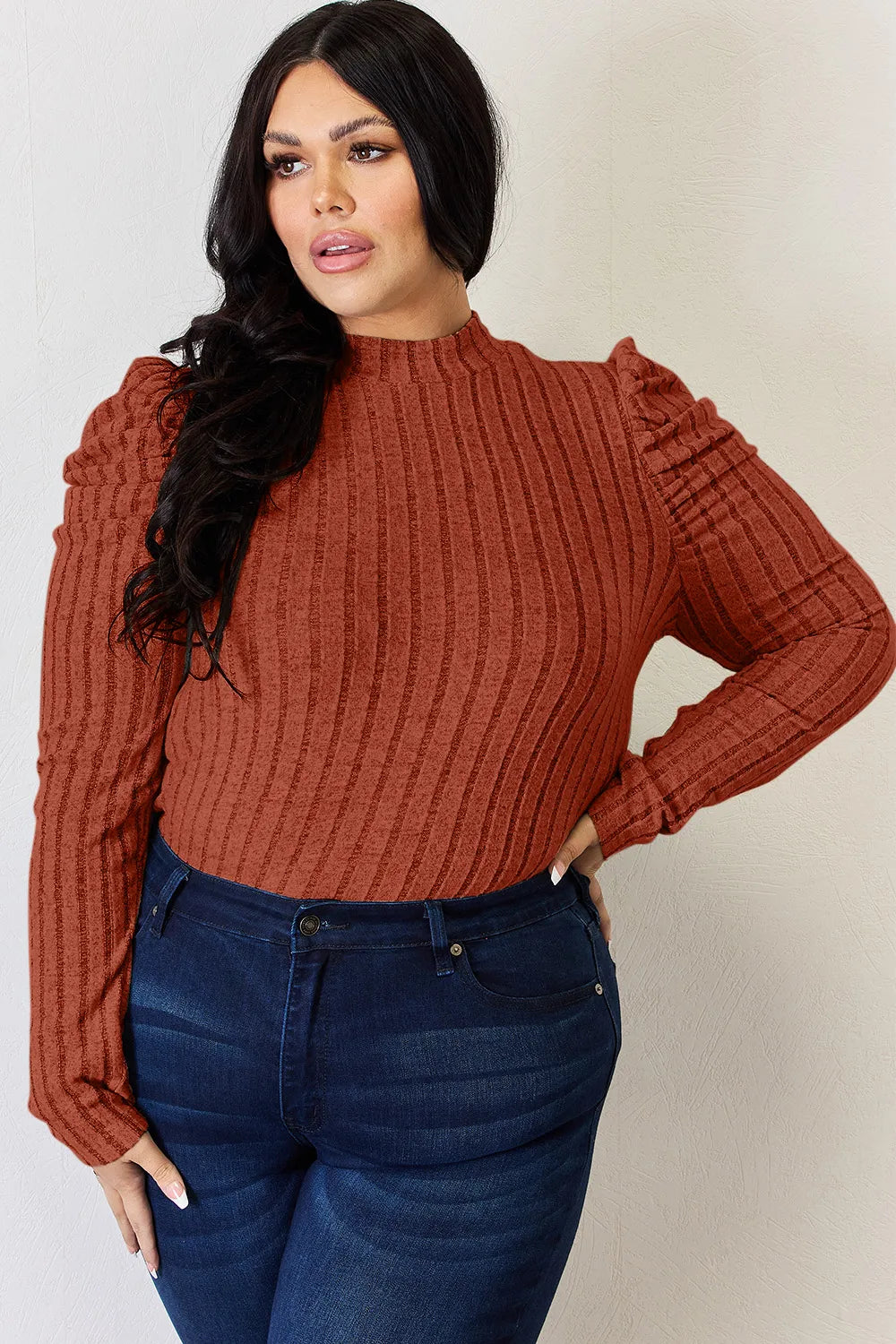 Plus Size Ribbed Mock Neck Puff Sleeve T-Shirt in Rust for Women